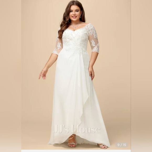 NEW! Size 24W A-line V-Neck Asymmetrical Lace Chiffon Wedding Dress 👰 - Picture 3 of 5